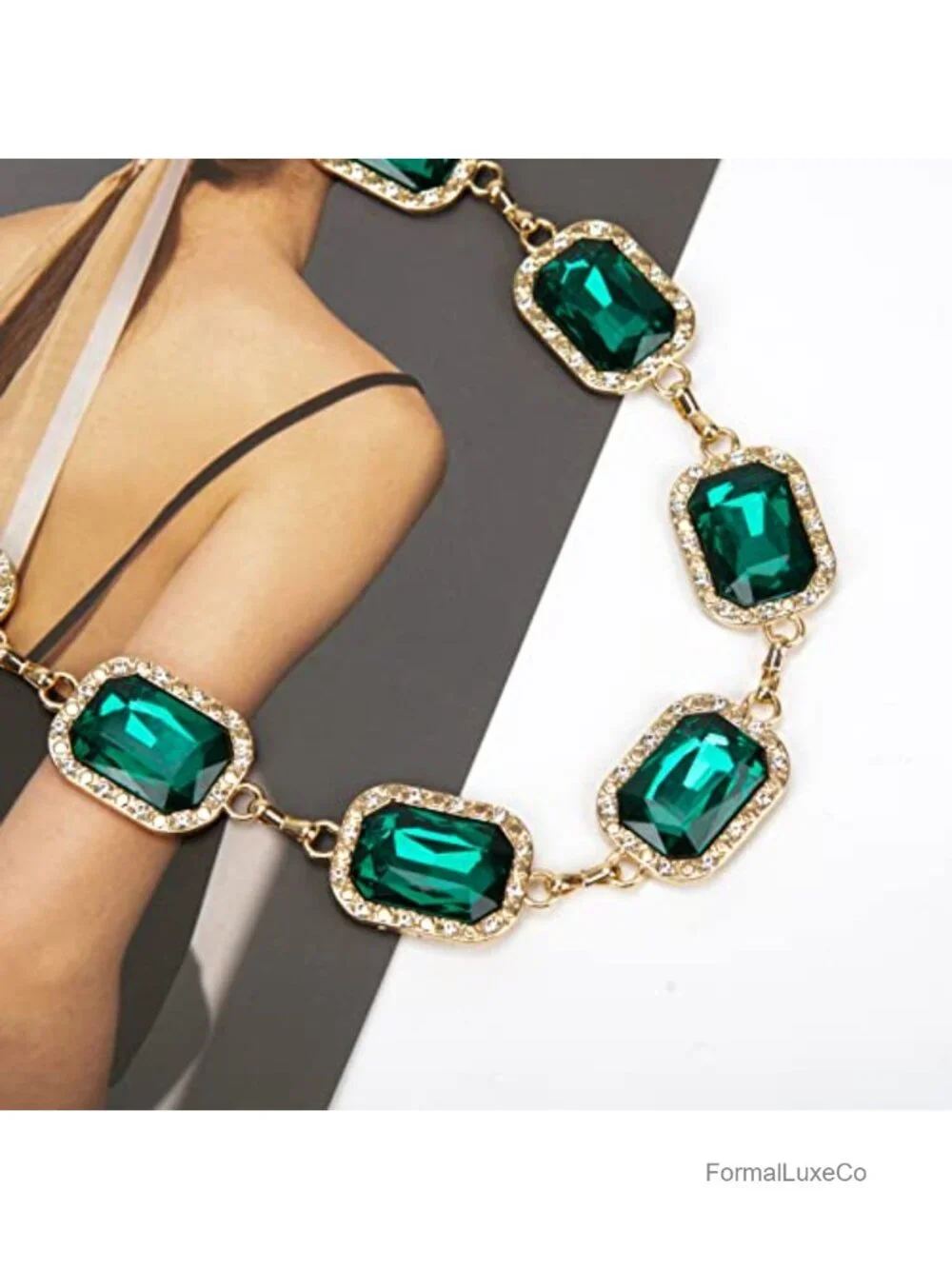 Green Glass Diamond Chain Belt - Metal Western Style Dress Belt